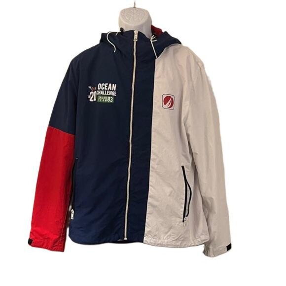 NAUTICA Team 83 Red/White/Blue Ocean Challenge Windbreaker Hoodie Sz Large Tall - Picture 1 of 6